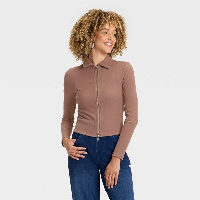 Women's Brushed Ribbed Polo Zip-Up Jacket - A New Day Brown XS