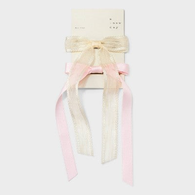 Sheer Satin Bow Barrette Set - A New Day Pink