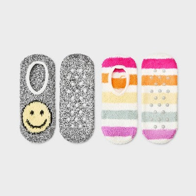 Women's Smiley 2pk Face Cozy Liner Socks - Heather Gray/White 4-10