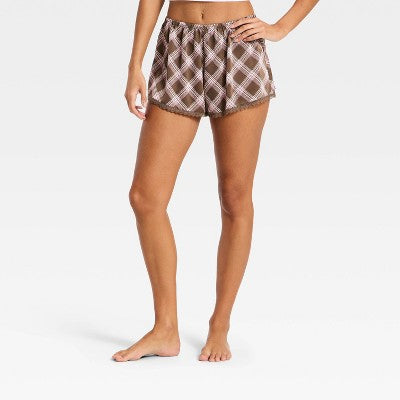 Women's Satin Boxer Pajama Shorts - Wild Fable Brown Plaid XXS