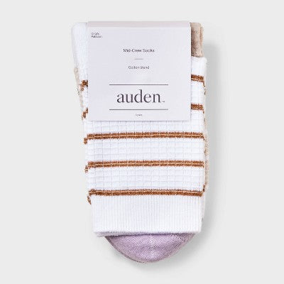 Women's 2pk Waffle Stripes Textured Mid Crew Socks - Auden - Oatmeal