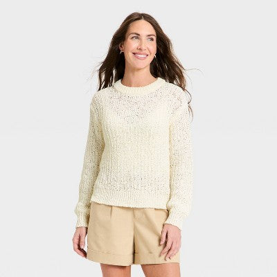 Women's Long Sleeve Round Pullover Sweater - A New Day Cream M
