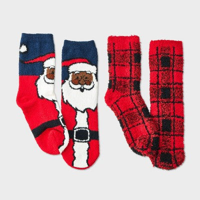 Kids' 2pk Santa & Plaid Cozy Crew Socks with Gift Card Holder - Wondershop Navy Blue/Red M/L