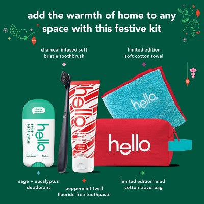 hello Holiday Home for the Holidays Fluoride-Free Toothpaste and Aluminum Free Deodorant Travel Toiletry Bag Kit - 5pc