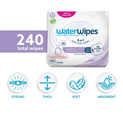 WaterWipes Sensitive+ Soothing Wipes, 3-In-1 Cleans,Soothes, 99% Water with Botanical Extract, Unscented & Hypoallergenic Baby Wipes, 240ct