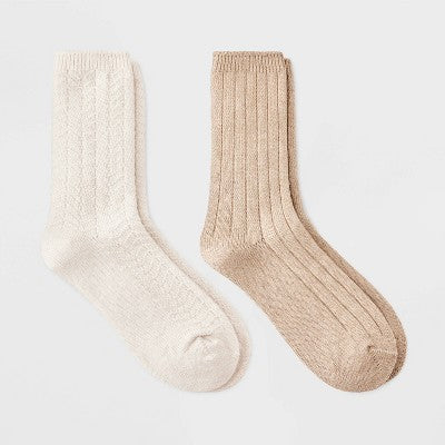 Women's Brushed Terry Lined 2pk Cozy Crew Socks - Auden White/Beige 4-10