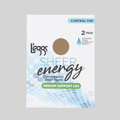 L'eggs Sheer Energy Women's Control Top 2pk Pantyhose - Nude XL: High Waisted, Full Waistband Elastic