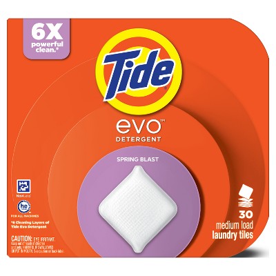 Tide Evo Spring Blast Laundry Detergent Tiles - 30ct: Box, Odor Control, Dye-Free, High Efficiency