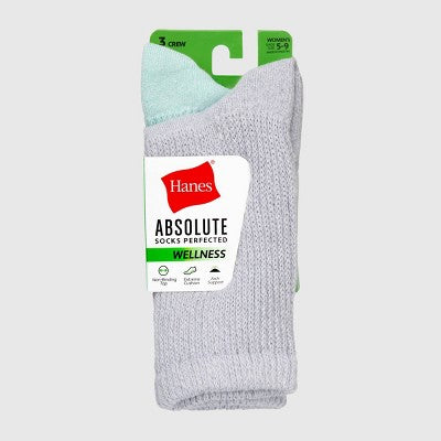 Hanes Women's Absolute Wellness 3pk Non-Binding Crew Socks - Green 5-9: Cotton Blend, Cushioned Sole, Arch Support, Seamless Toe