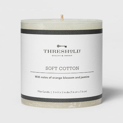 3" x 3" Pillar Candle Soft Cotton White - Threshold: Calming Aroma, Long Burn Time