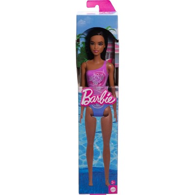 Barbie 12.7" Beach Doll Brown Hair/Brown Eyes Wearing Tropical Purple Swimsuit