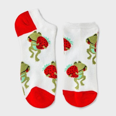 Women's Strawberry Frog Low Cut Socks - White/Red/Green 4-10
