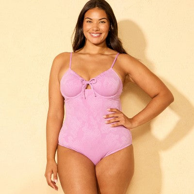 Women's Jacquard Tunneled Neck  Swimsuit - Purple S