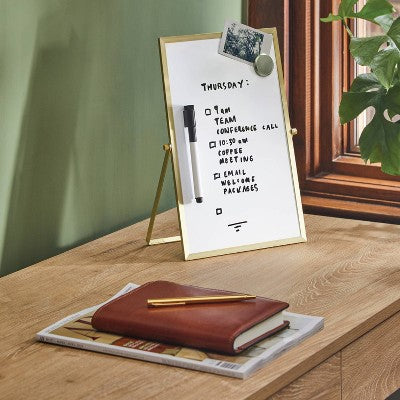 8"x12" Gold Framed Easel Desktop Dry Erase Board - Threshold: Office Supplies, MDF & Aluminum, White Presentation Board