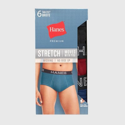 Hanes Premium Men's Stretch Classic Briefs 6pk - Blue/Black/Red L: Tagless, High Rise, Full Waistband Elastic, Machine Washable