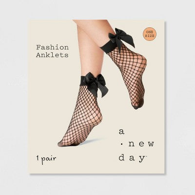 Women's Fishnet Anklet with Bow - A New Day Black 4-10: Sheer Knit Socks, Smooth Toe Seams