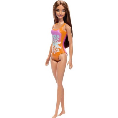 Barbie 12.7" Beach Barbie Doll Brown Hair/Brown Eyes Wearing Tropical Pink and Orange Swimsuit