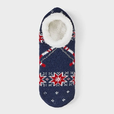 Women's Fair Isle Skis Double Lined Cozy Booties with Grippers - Auden Navy/Ivory 4-10
