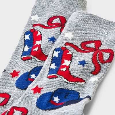 Women's Patriotic Western Crew Socks - Heather Gray 4-10