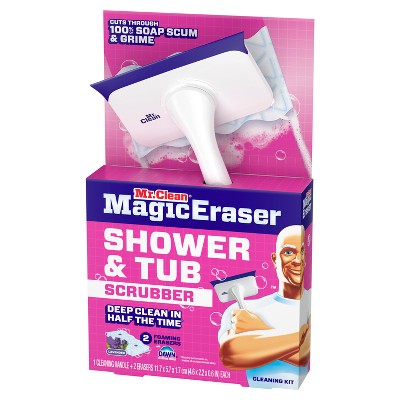 Mr. Clean Magic Eraser Shower & Tub Scrubber, Lavender Starter Kit, 1 Scrubber & 2 Erasers: Foam Cleaner, Multipurpose Application