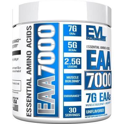 Evlution Nutrition EAA7000 - Muscle Building + Recovery Supplement - 7g EAAs + 5g BCAAs - Endurance + Energy Support - Unflavored - 30 Servings