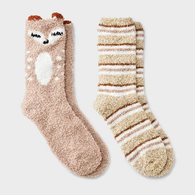 Women's Deer 2pk Cozy Crew Socks - Tan/Ivory 4-10