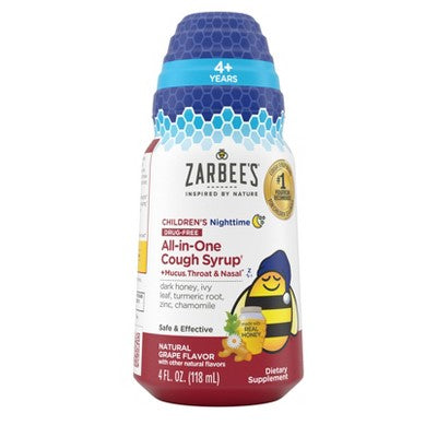Zarbee's Kids' Nighttime Cough Syrup - 4oz: Drug-Free Cold Relief, Honey-Based Liquid Formula for Children