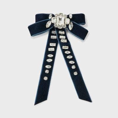 Velvet Double Bow Hair Barrette with Clear Stones - A New Day Navy