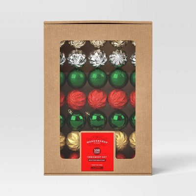 100pc Shatter-Resistant Round Christmas Tree Ornament Set Red/Gold/Green/Silver - Wondershop