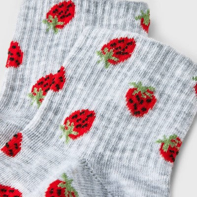 Women's Strawberries Ribbed Ankle Socks - Heather Gray/Red 4-10: Lightweight, Banded Cuff, Recycled Polyester