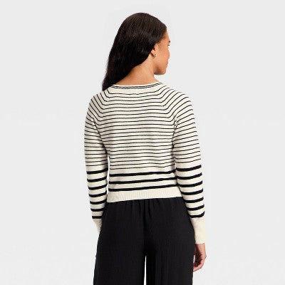 Women's Long Sleeve V-Neck Cardigan - A New Day Cream Striped S