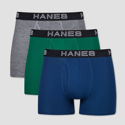 Hanes Premium Men's 3pk Trunks Total Support Pouch - Blue/Green/Gray XL: Tagless, Moisture Wicking, 4-Way Stretch