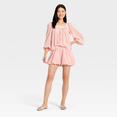 Women's Long Sleeve Square Neck Sheer Blouse - A New Day Pink M