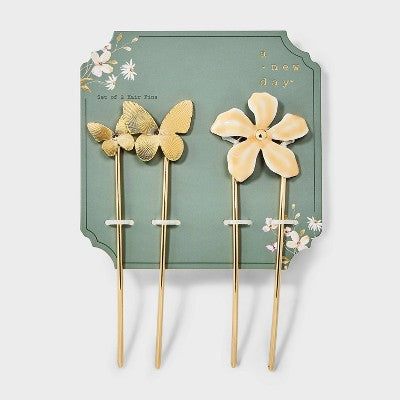 Butterfly & Flower Hair Pins 2 Pack - A New Day Gold