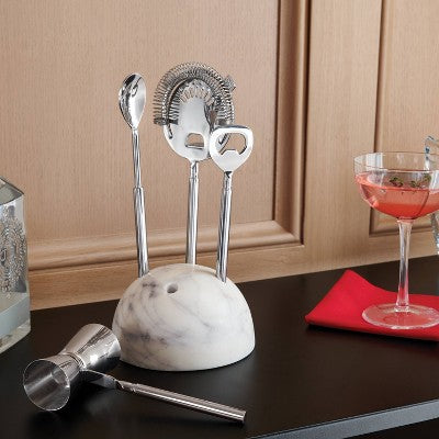 4pc Stainless Steel Barware Set with Marble Stand - Threshold: Luxury & Glam, Spot Clean, Multicolor, Stoneware