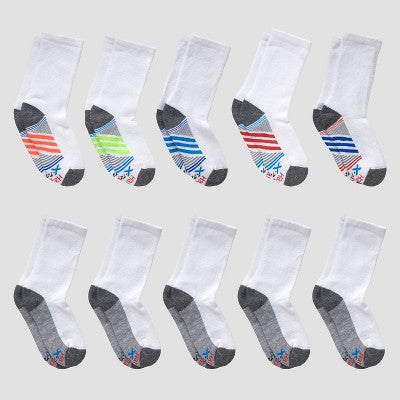 Hanes Boys' 10pk Premium Crew Socks - White M: Cushioned Heel, Ventilating Mesh, Moisture Wicking