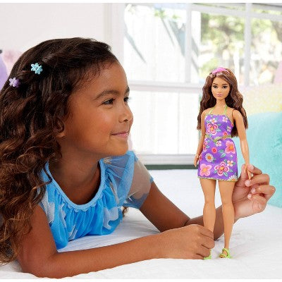 Barbie Fashionistas Doll #244 with Floral Halter Dress, Purple-Streaked Brown Hair