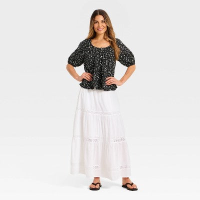 Women's Puff Short Sleeve Button-Up Peasant Top Black Floral XS
