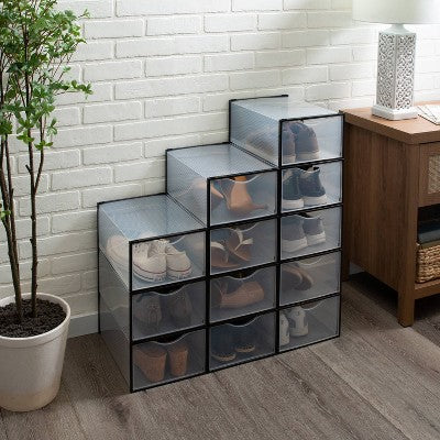 Simplify Set of 12 Drop Front Shoe Box Black: Plastic Storage Drawers for Shoe Storage, No Assembly Required