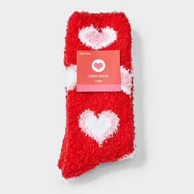 Women's Concentric Hearts Cozy Valentine's Day Crew Socks - Red/White/Pink 4-10