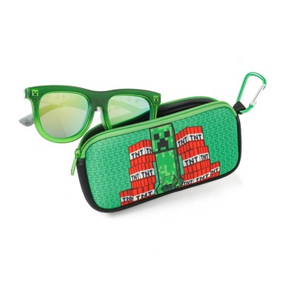 Boys' Minecraft Rectangle Sunglasses & Sunglass Case - Green: UV Protection, Creeper Design, Ages 3-10