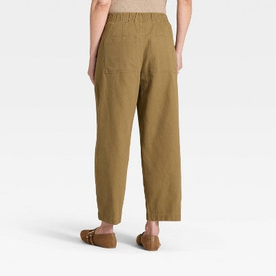 Women's Mid-Rise Barrel Leg Pull-On Pants - Olive Green L