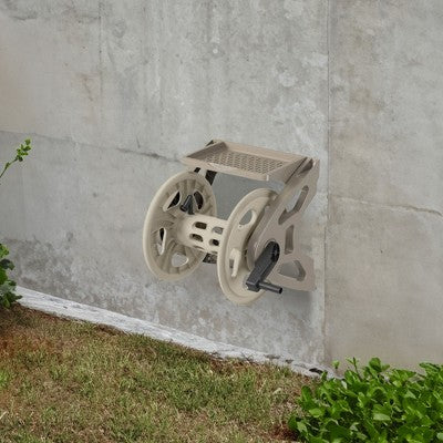 Suncast Handler 200 Foot Resin Wall Mounted Outdoor Garden Hose Reel, Taupe