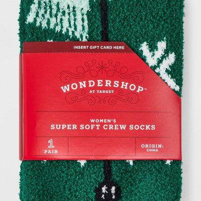 Women's Winter Reindeer Cozy Christmas Crew Socks with Gift Card Holder - Wondershop Red/Dark Green 4-10