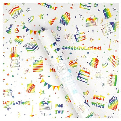 Bows And Sparkles 96"x30" Happy Birthday Gift Wrapping Paper White (LOCAL PICKUP ONLY)