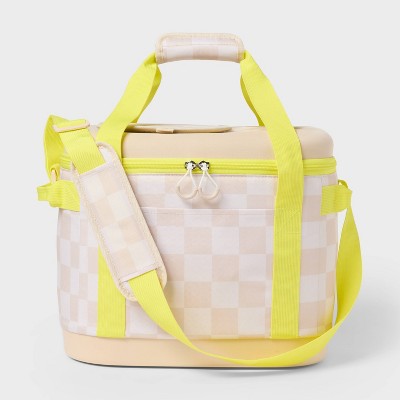 24 Cans/20.7qt Soft Sided Cooler - Sun Squad Beige Checkered/Yellow: Adjustable Straps