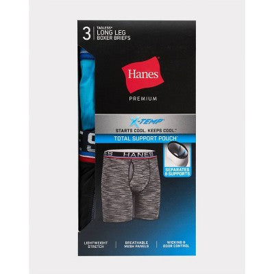 Hanes Premium Men's Xtemp Total Support Pouch Anti Chafing 3pk Long Leg Boxer Briefs - Blue/Gray/Black M