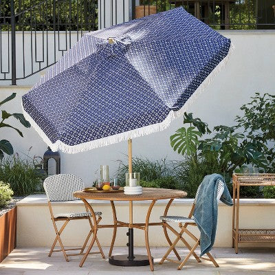 7.5' Quatrefoil Fringe Edge Outdoor Round Patio Market Umbrella Navy Blue with Faux Wood Pole - Threshold (LOCAL PICKUP ONLY)