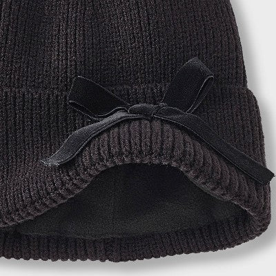Girls' Satin Webbing Bow Beanie Hat - art class Black