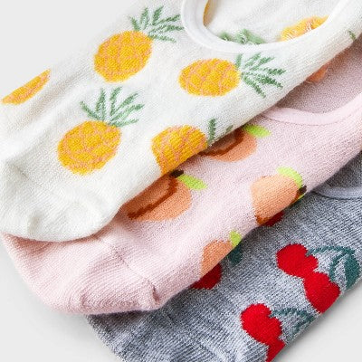 Women's Mixed Fruits 3pk Liner Socks - Heather Gray/Ivory/Purple 4-10: Recycled Polyester, Hidden Gel Heel Grip, Knit Fabric